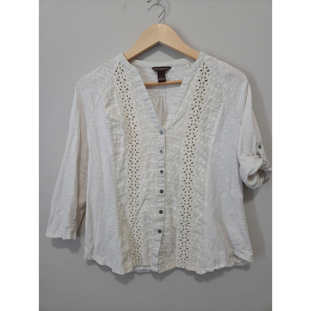 Bit & Bridle White Cotton Eyelet Lace Button Up Top 3/4 Roll Tab Sleeve Large